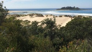 A coastal landscape with a sandy beach, dunes, and a small island in the distance.