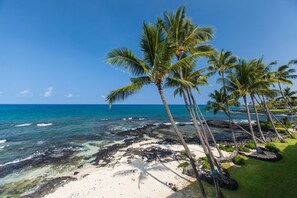 On the beach, sun loungers, beach towels