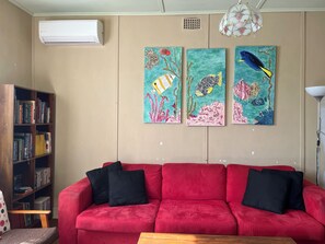 Una televisión, un reproductor de DVD, libros, una videoteca