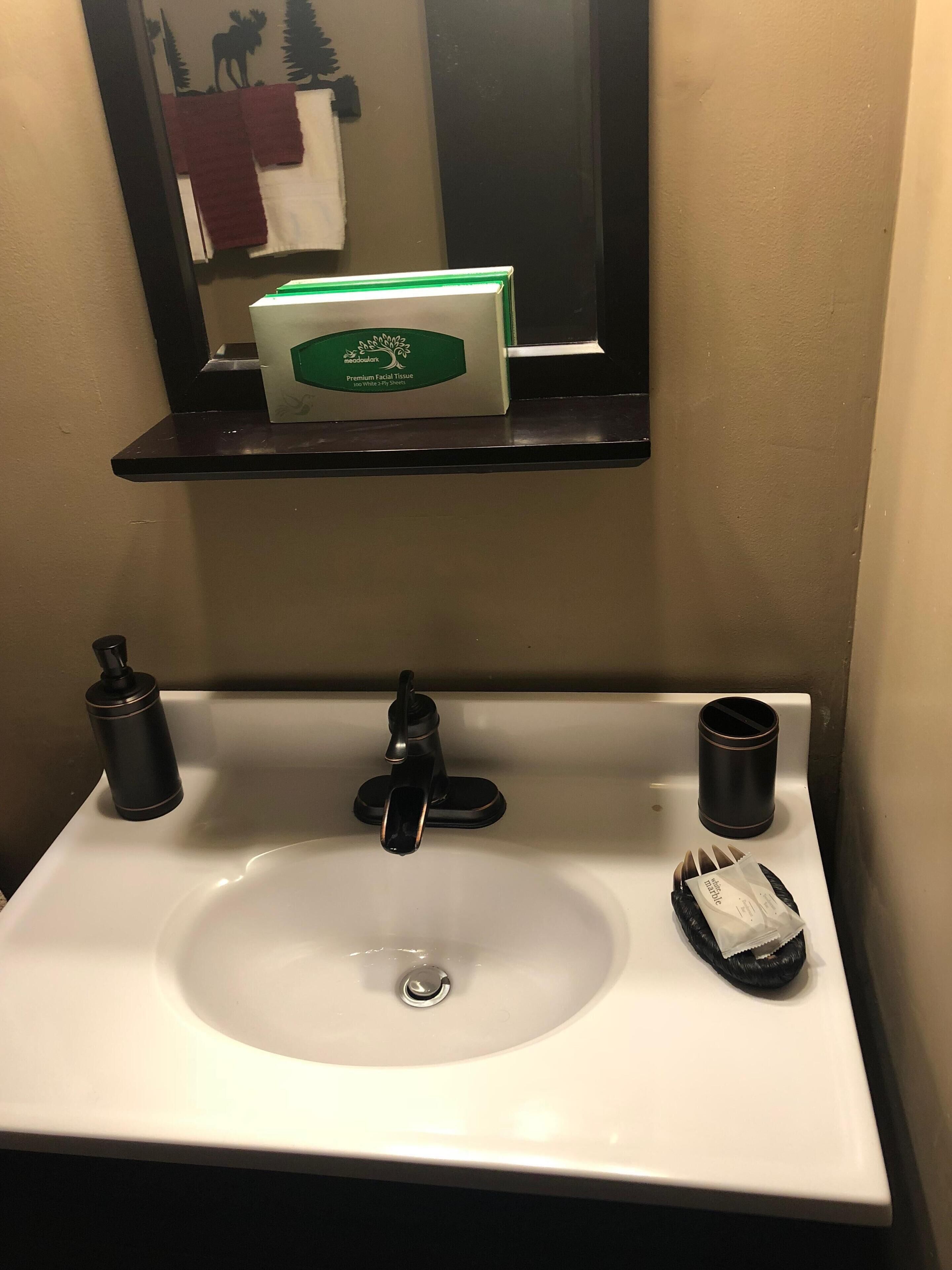 A bathroom sink with a mirror above it, a towel rack with a red towel, and a box of facial tissue on a shelf.