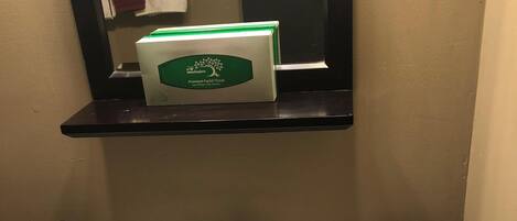 A bathroom sink with a mirror above it, a towel rack with a red towel, and a box of facial tissue on a shelf.
