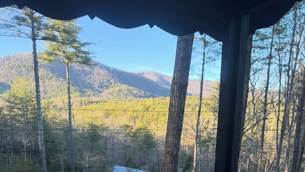 Un jacuzzi con vistas a un bosque y montañas.