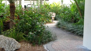 A paved pathway flanked by lush greenery and a stone planter. - Oceanfront Property in Kawama Tower with Elevator, Lagoon and 2 Heated Pools (Key Largo)