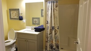 Combined shower/tub, hair dryer, towels, soap
