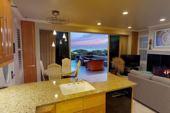 Smart TV, fireplace, books