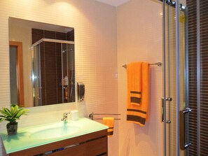 Shower, hair dryer, bidet, towels