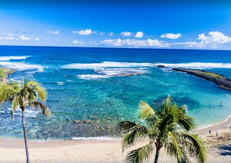 On the beach, sun-loungers, beach umbrellas, beach towels. Luxury Ocean Villa 217 at Turtle Bay! Ocean Front!
