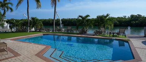 Outdoor pool, a heated pool, pool loungers