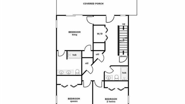 A floor plan of a 1st floor apartment at 116 Atkinson Road, featuring a covered porch, a covered deck, and three bedrooms labeled king, queen, and twin. - Atkinson Shores - Beautiful 4BR Home on a Quiet Street (Surf City)