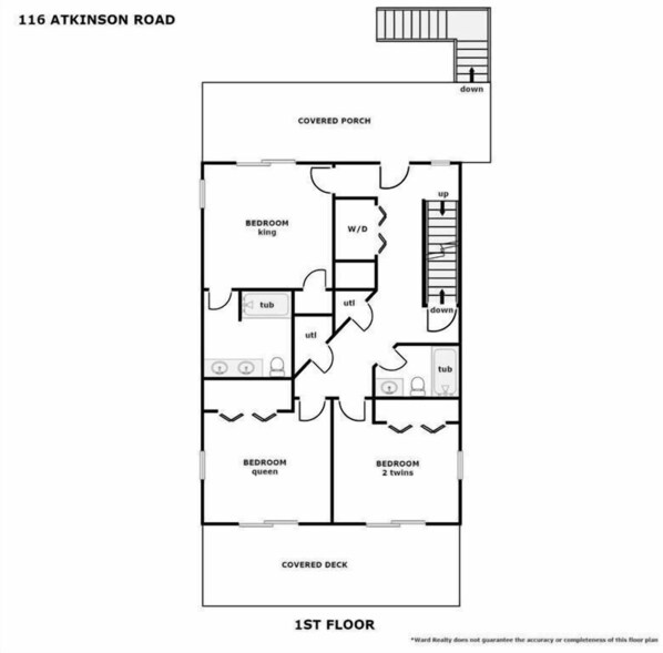 Grundriss einer Erdgeschosswohnung in der Atkinson Road 116, mit überdachter Veranda, überdachter Terrasse und drei Schlafzimmern, gekennzeichnet als Kingsize, Queensize und Einzelzimmer.