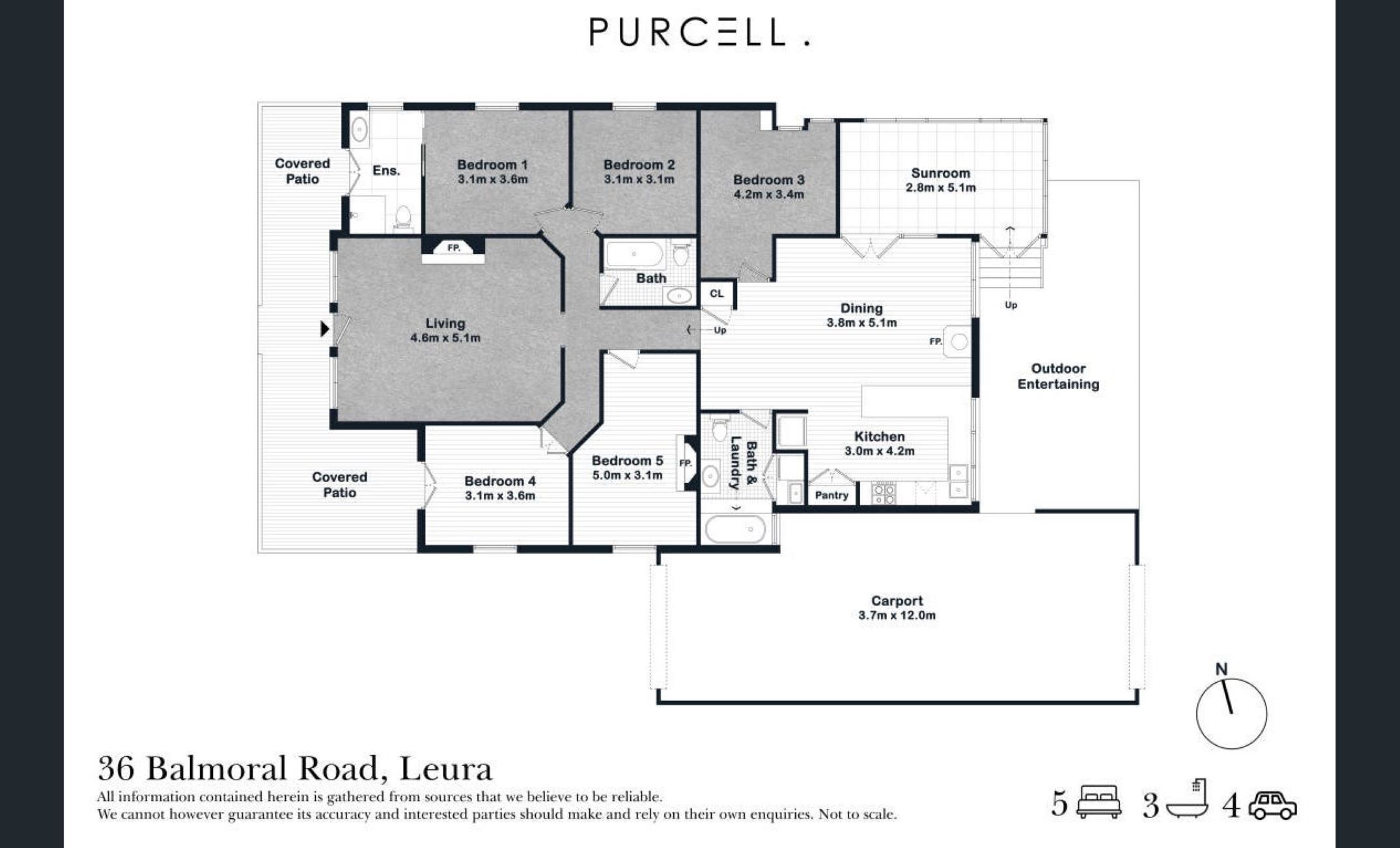 Plan d’étage d’un appartement de deux chambres situé au 36, Balmoral Road, Leura, comprenant un patio couvert, un abri pour voiture et un coin repas.