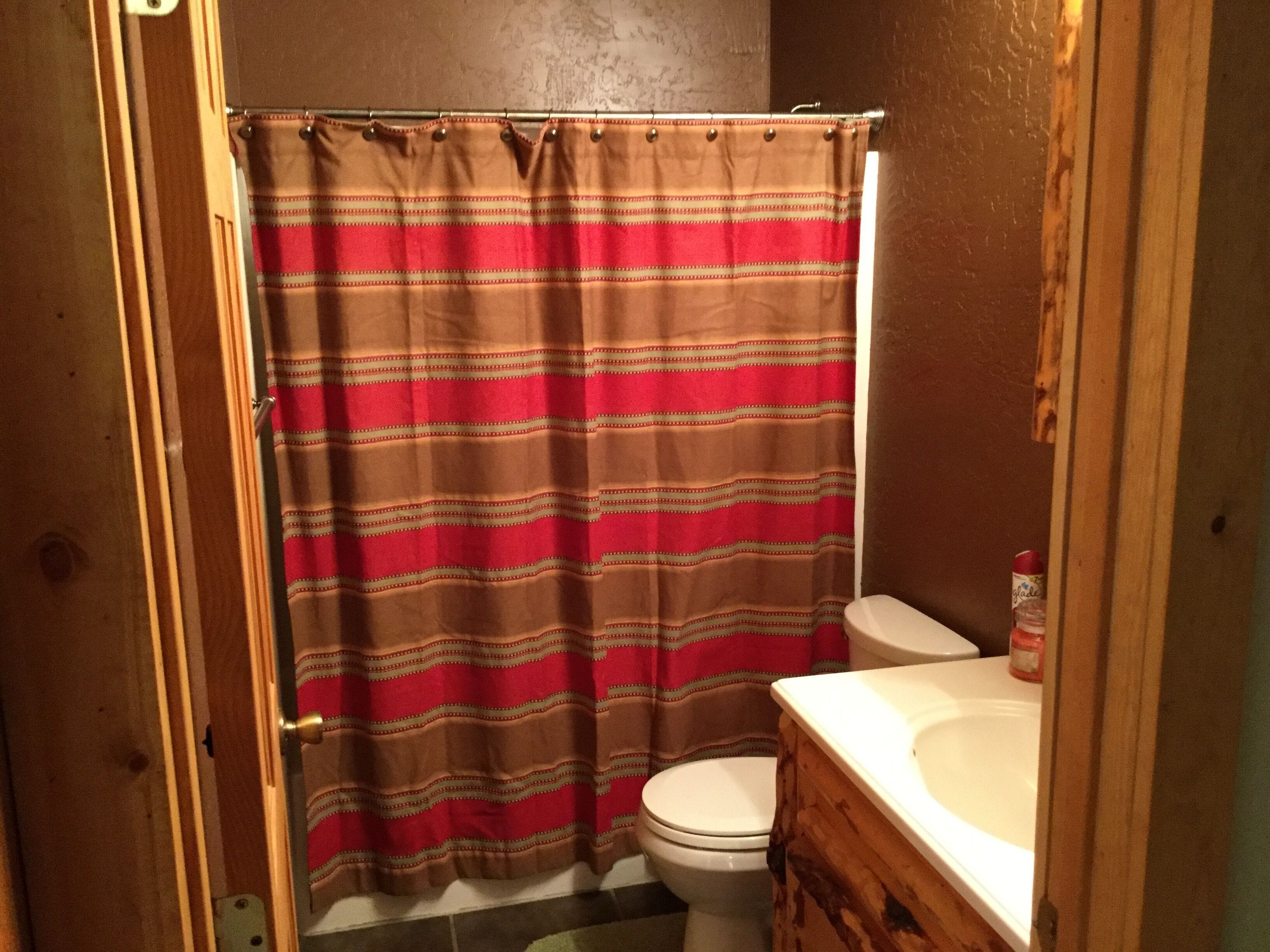 Une salle de bain avec un rideau de douche à rayures, des toilettes et un lavabo.