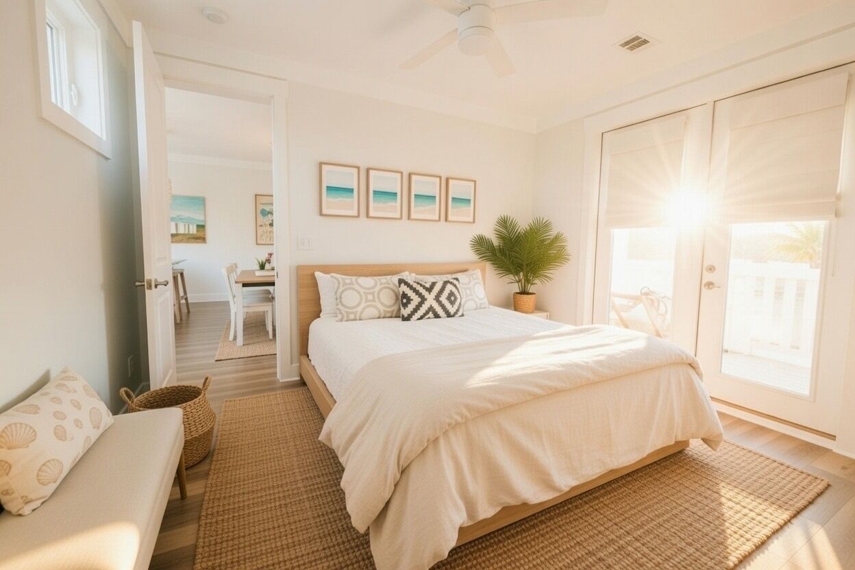A bedroom with a bed, a ceiling fan, a potted plant, and a view of the outdoors.
