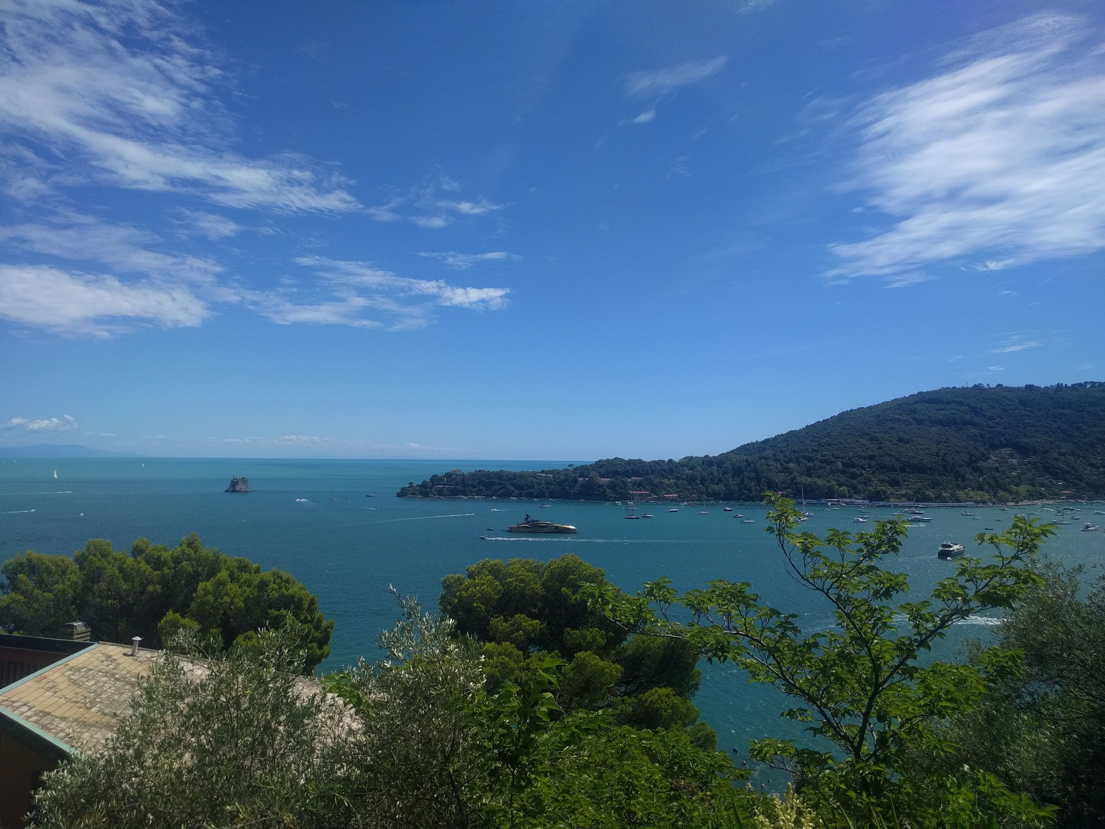 Blick auf die Küste mit Booten, einem Hügel und Bäumen.