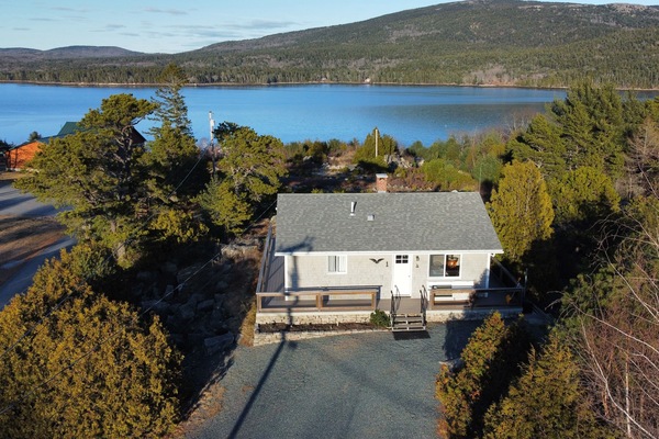 Ariel view of our vacation unit, The Command Post, over looking Somes Sound
