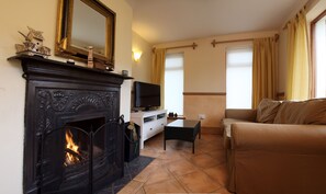 Smart TV, fireplace, books, stereo