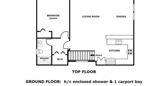 A floor plan of a property at 1114 S. Shore Drive, featuring a bedroom queen, living room, dining area, kitchen, and a sun deck.