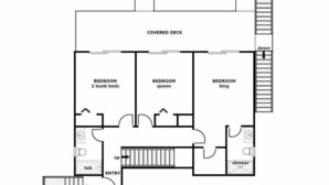 A floor plan of a 1st floor apartment at 1114 S. Shore Drive, featuring a covered deck, two bedrooms with bunk beds, a queen room, a king room, a tub, a shower, and a stairway to the top deck.