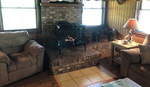 TV, fireplace, DVD player, books
