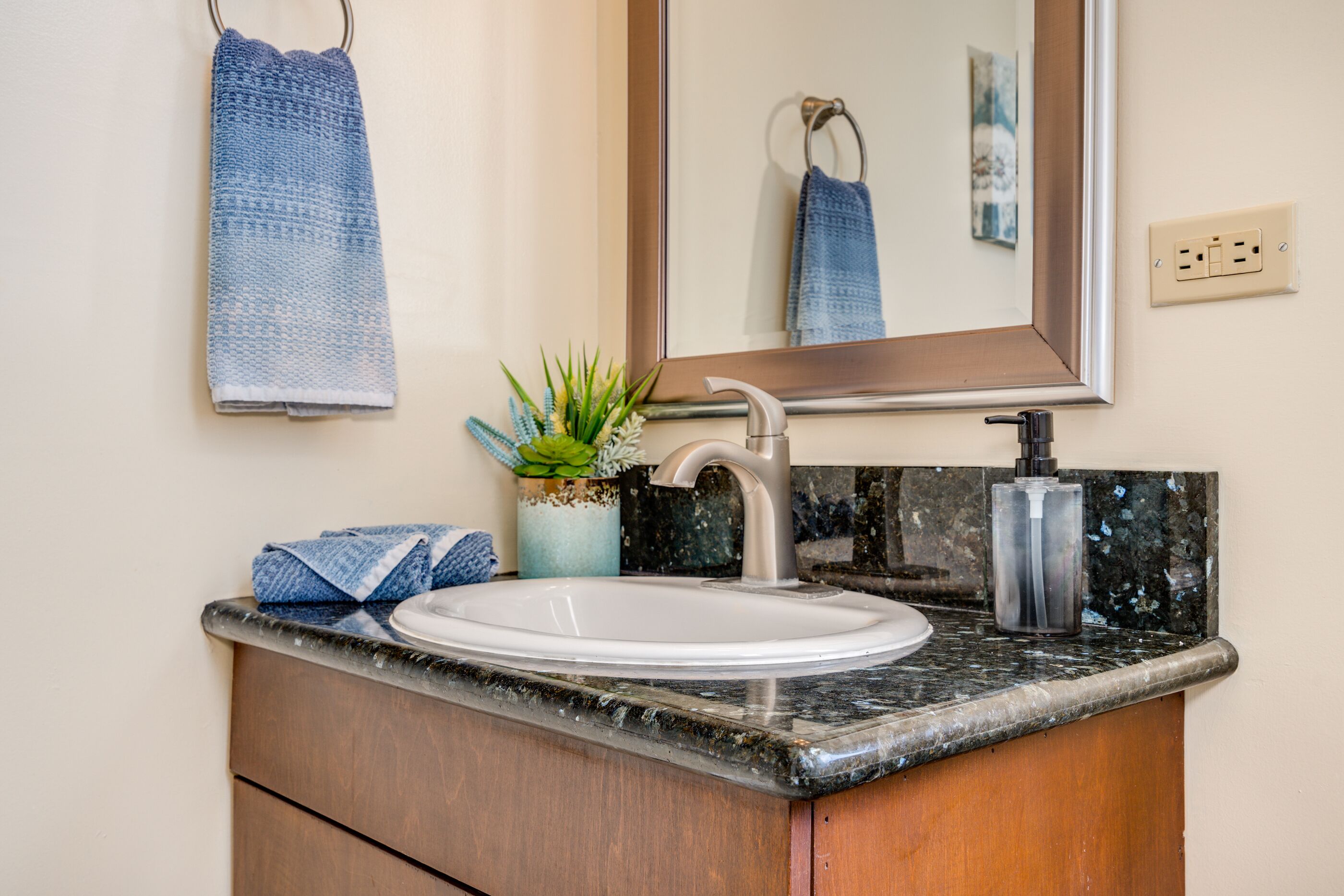 Hair dryer, towels, soap, toilet paper