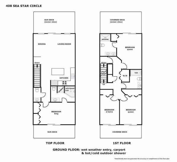 A floor plan of 408 Sea Star Circle, including top and ground floors with amenities like a sun deck, covered deck, kitchen, and multiple bedrooms. - Hoos at the Beach - Lovely 4 BR Sea Star Village Townhouse; Ocean View! (Surf City)