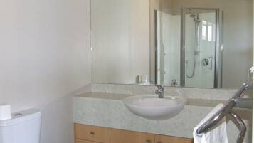 Bathtub, hair dryer, soap, toilet paper