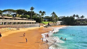 Un hotel frente al mar con varios balcones, una playa de arena y palmeras.