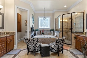 Combined shower/tub, jetted tub, hair dryer, towels