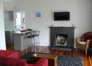 Ein modernes Wohnzimmer mit Kamin, Küchenzeile und Essbereich.