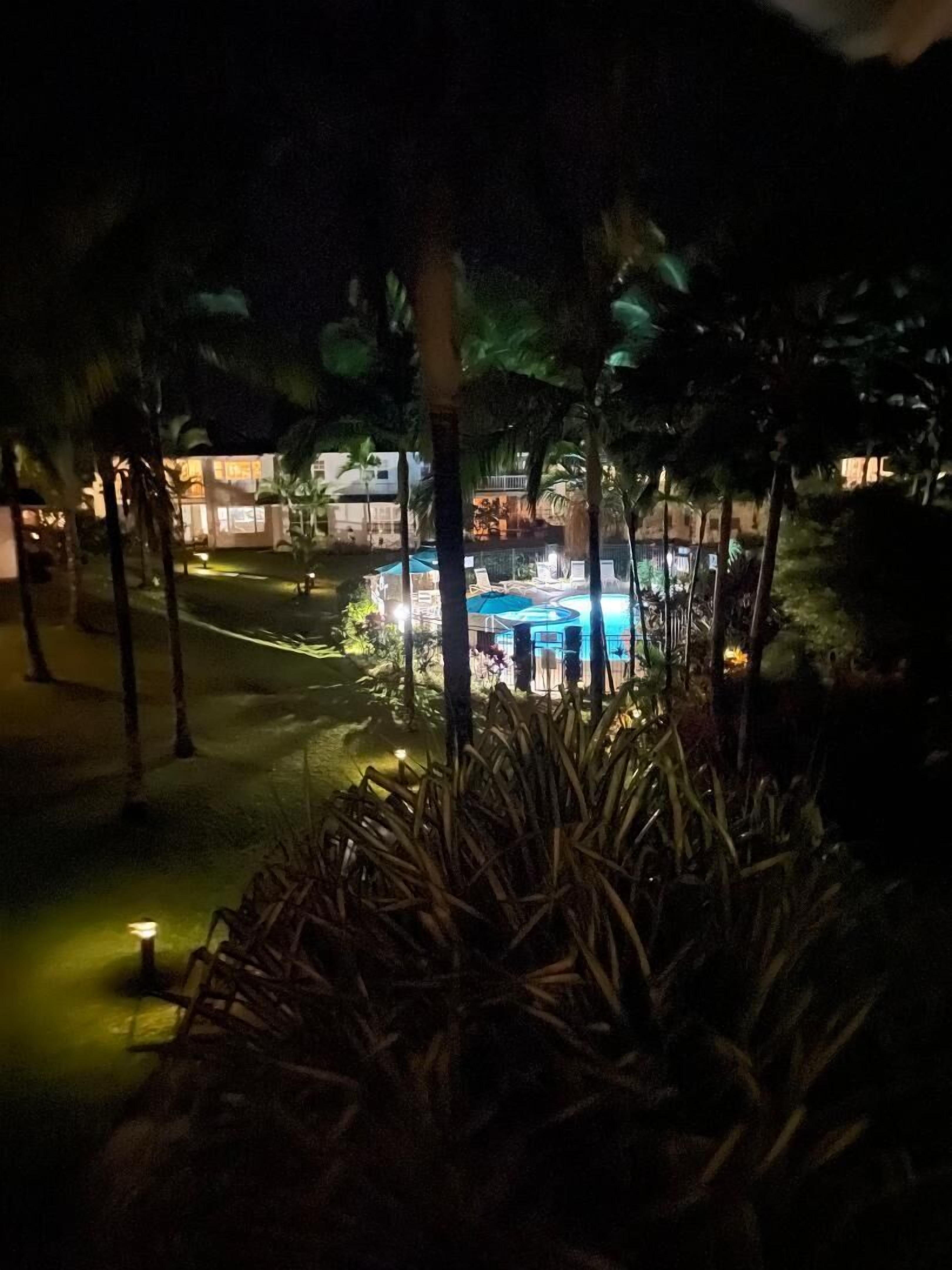 Vista nocturna de un resort con zona de piscina rodeada de palmeras e iluminada con luces ambientales.