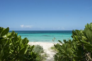 A beach with clear turquoise water and a sandy shore, surrounded by lush green foliage. - Poponi Villa on pink sand Beachfront Estate (North Palmetto Point)