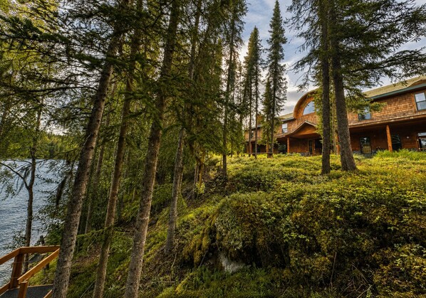 A modern building with a curved roof, surrounded by dense forest and a body of water.