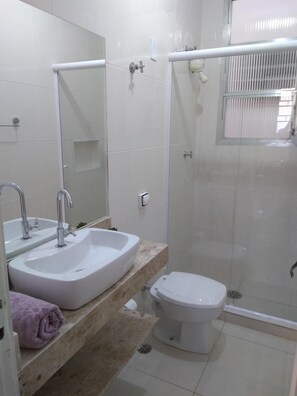 Shower, bidet, soap, toilet paper