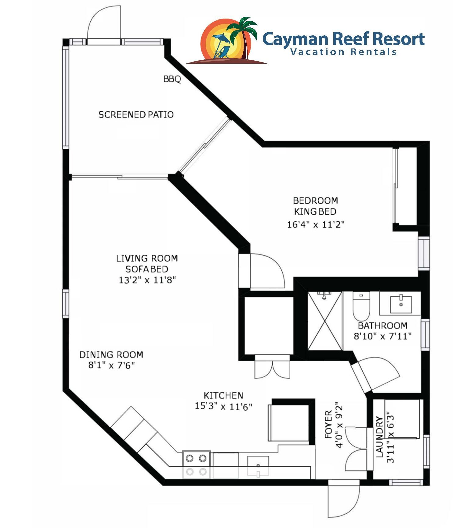 Plano de planta de un alquiler vacacional en Cayman Reef Resort, que incluye un porche mosquitero, sala de estar, comedor, cocina, dormitorio, baño y vestíbulo.