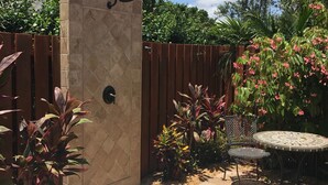 A hot tub in a backyard with a wooden fence, potted plants, and a patio table.