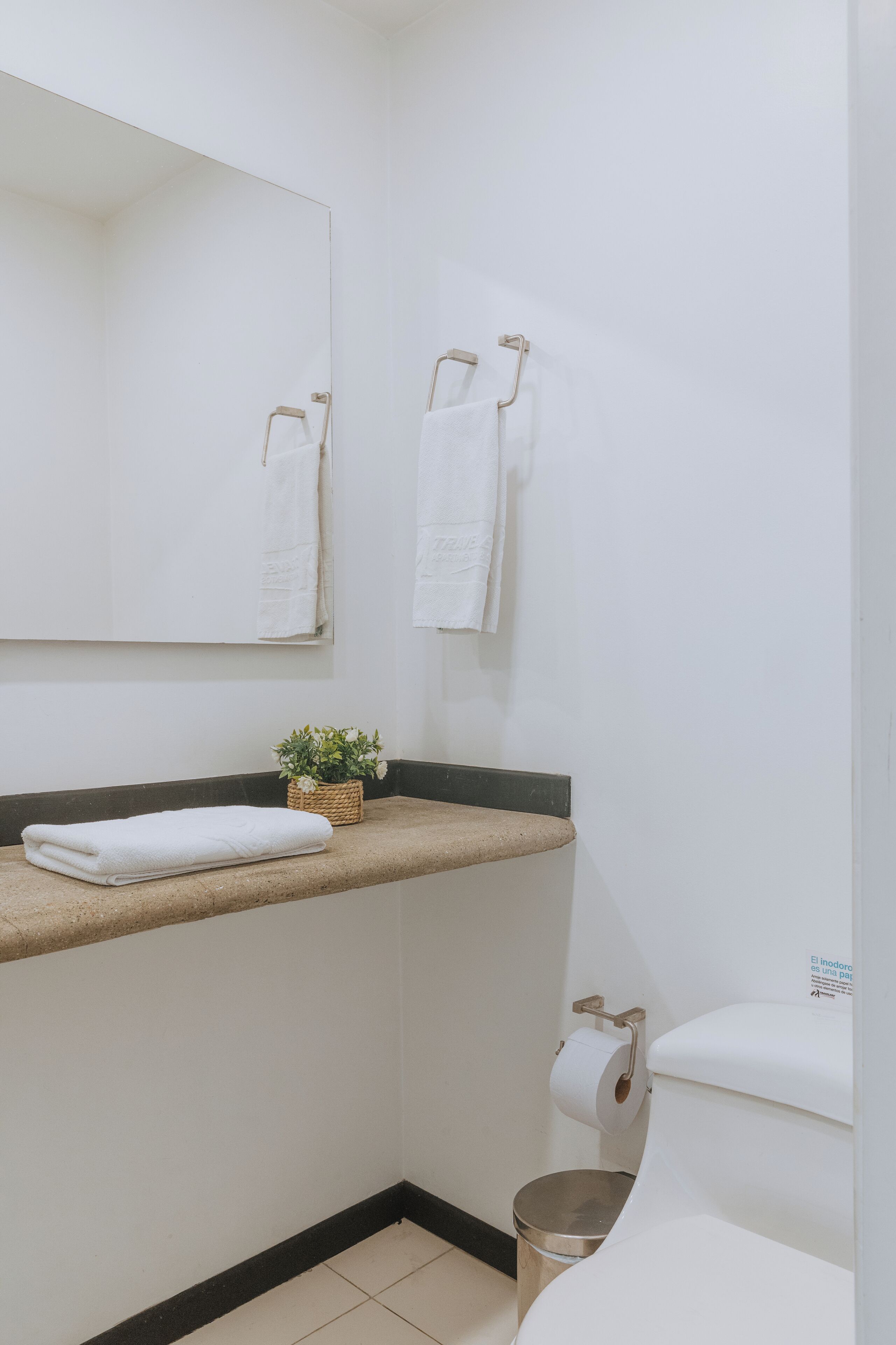 Un baño con espejo, dos toallas, una planta pequeña, inodoro y cubo de basura.