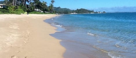 On the beach, sun-loungers, beach towels