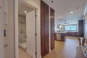 Combined shower/tub, hair dryer, towels, soap