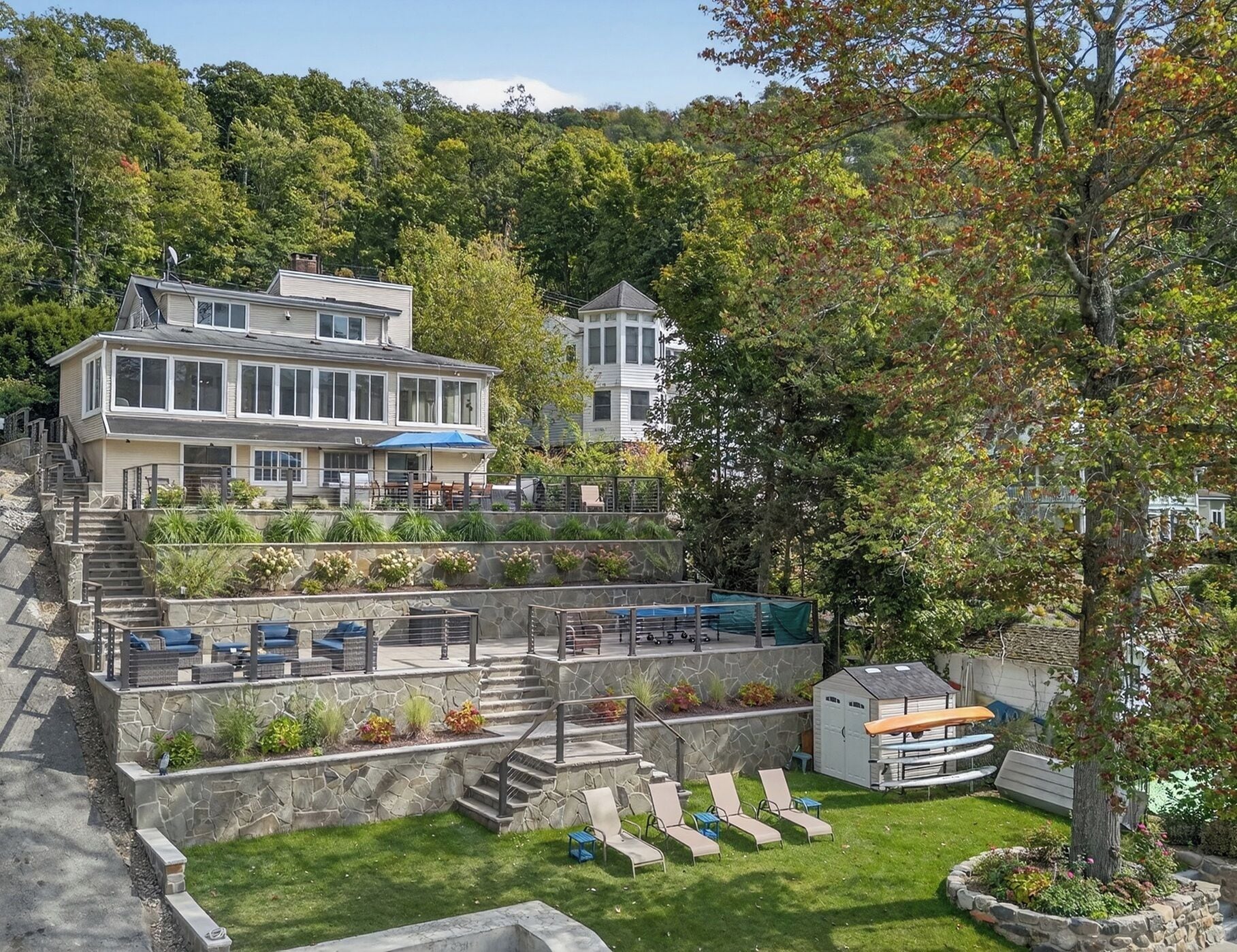 Tiered patios facing the lake