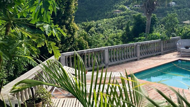 Un espace piscine offrant une vue sur un paysage montagneux, entouré d’une végétation luxuriante et d’une balustrade en pierre.