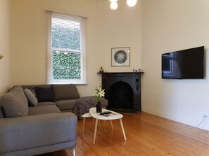TV connectée, cheminée, livres