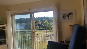 Een woonkamer met een televisie, een blauwe stoel, een lijst met een afbeelding en uitzicht op een meer en bomen door een schuifdeur.