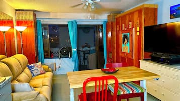 TV, DVD player, video library