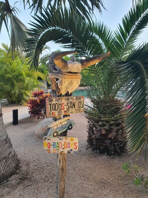 A signpost with a large horned skull, surrounded by tropical plants and a palm tree. - Vista Tortuga Ocean View VILLA-SUNSET Heated Pool by the BEACH  (Todos Santos)