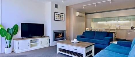 TV, fireplace