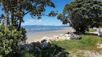 On the beach, sun loungers