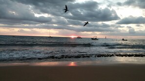 Une plage avec des vagues, des bateaux et des oiseaux.