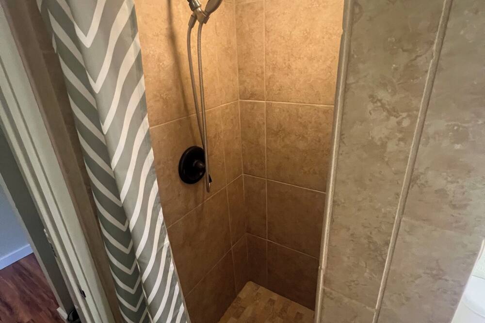 Shower, hair dryer, towels, toilet paper