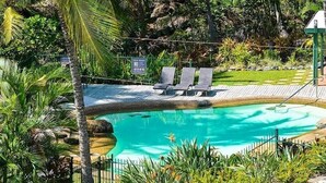 A swimming pool with lounge chairs, surrounded by tropical vegetation and a stone wall. - Frangipani Lodge 106, Beachfront Apartment on Hamilton Island (Hamilton Island)