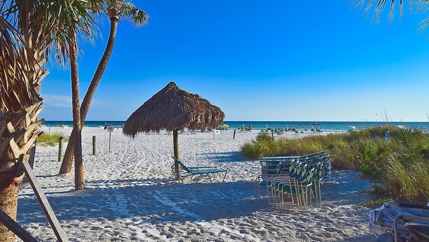 A beach with a thatched umbrella, palm trees, and beach chairs. - Steps to Siesta Key Beach! Direct Access to Private Beach, Heated Pool. Sea Shell (Siesta Key)